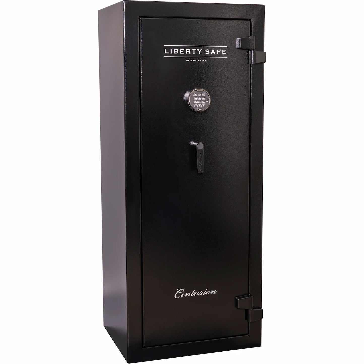 Liberty Safe Centurion 18 gun safe in textured black with electronic lock and drop handle, with door panel