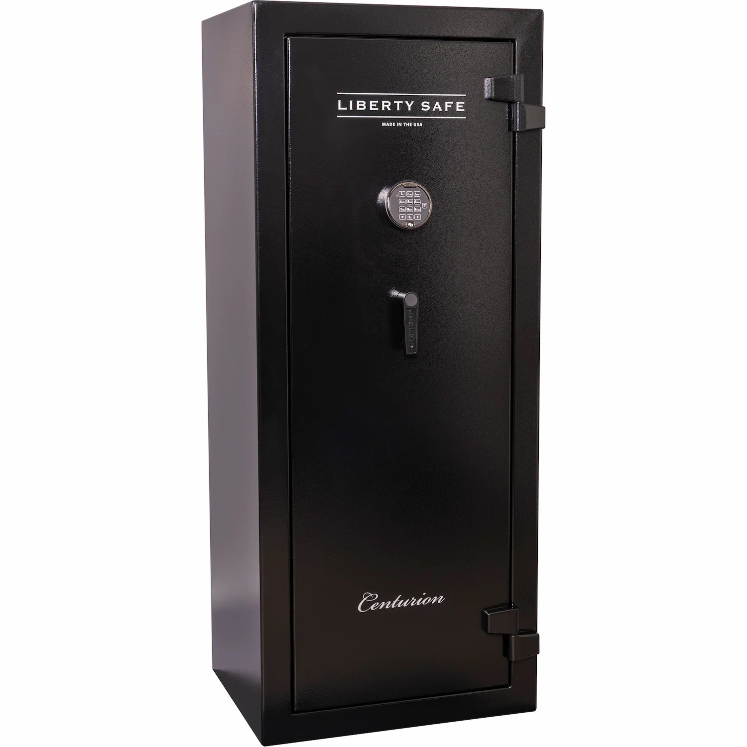 Liberty Safe Centurion 18 gun safe in textured black with electronic lock and drop handle, with door panel