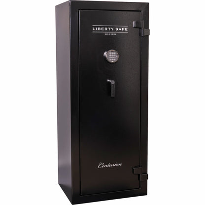 Liberty Safe Centurion 18 gun safe in textured black with electronic lock, 30-minute fire protection, and 18-gun capacity, without door panel