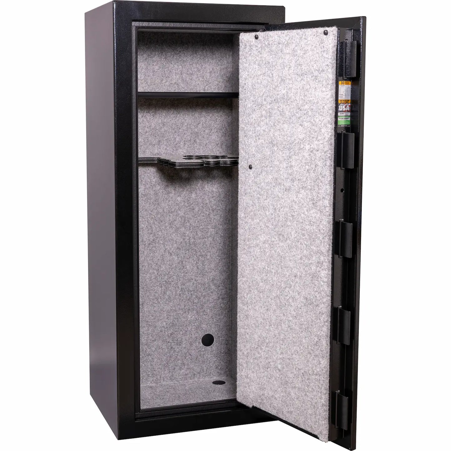 Liberty Safe Centurion 18-gun safe interior with gray fabric lining