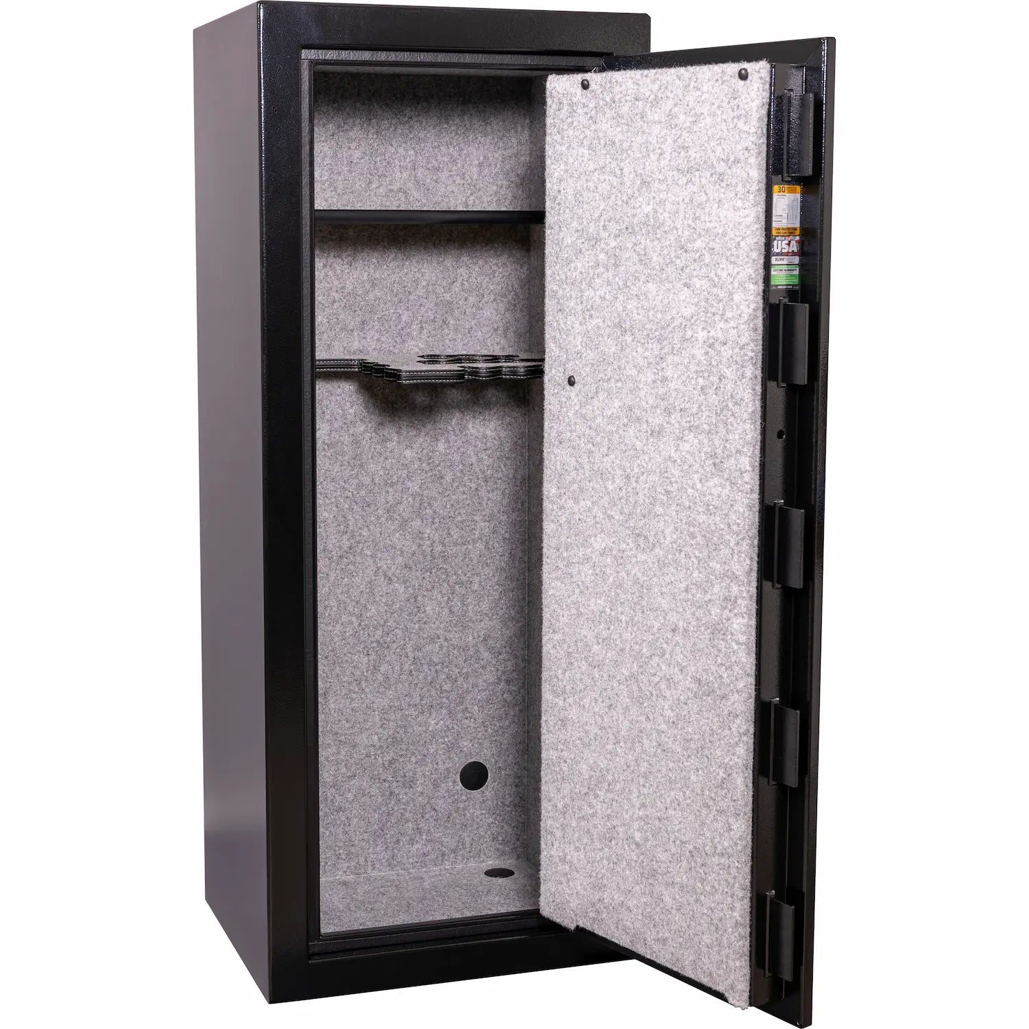 Liberty Safe Centurion 18-gun safe interior with gray fabric lining