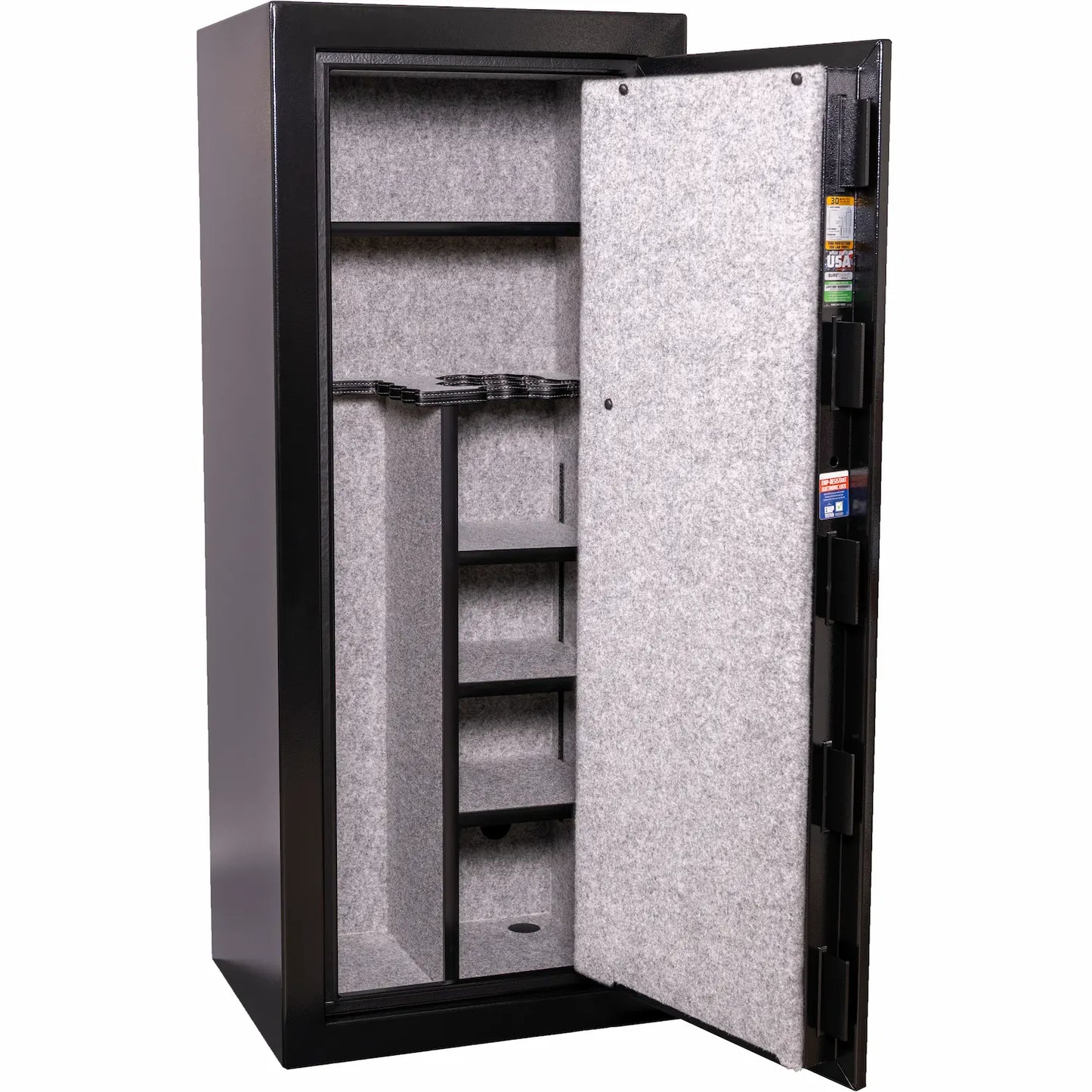 Liberty Safe Centurion 18 Dual Flex™ gun safe interior with adjustable shelves and gray fabric lining