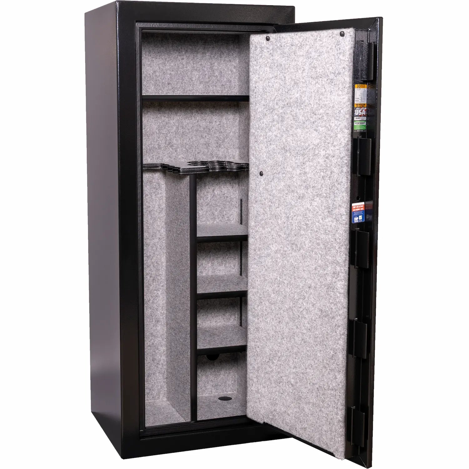 Liberty Safe Centurion 18 Dual Flex™ gun safe interior with adjustable shelves and gray fabric lining