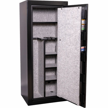 Liberty Safe Centurion 18 Dual Flex™ gun safe interior with adjustable shelves and gray fabric lining
