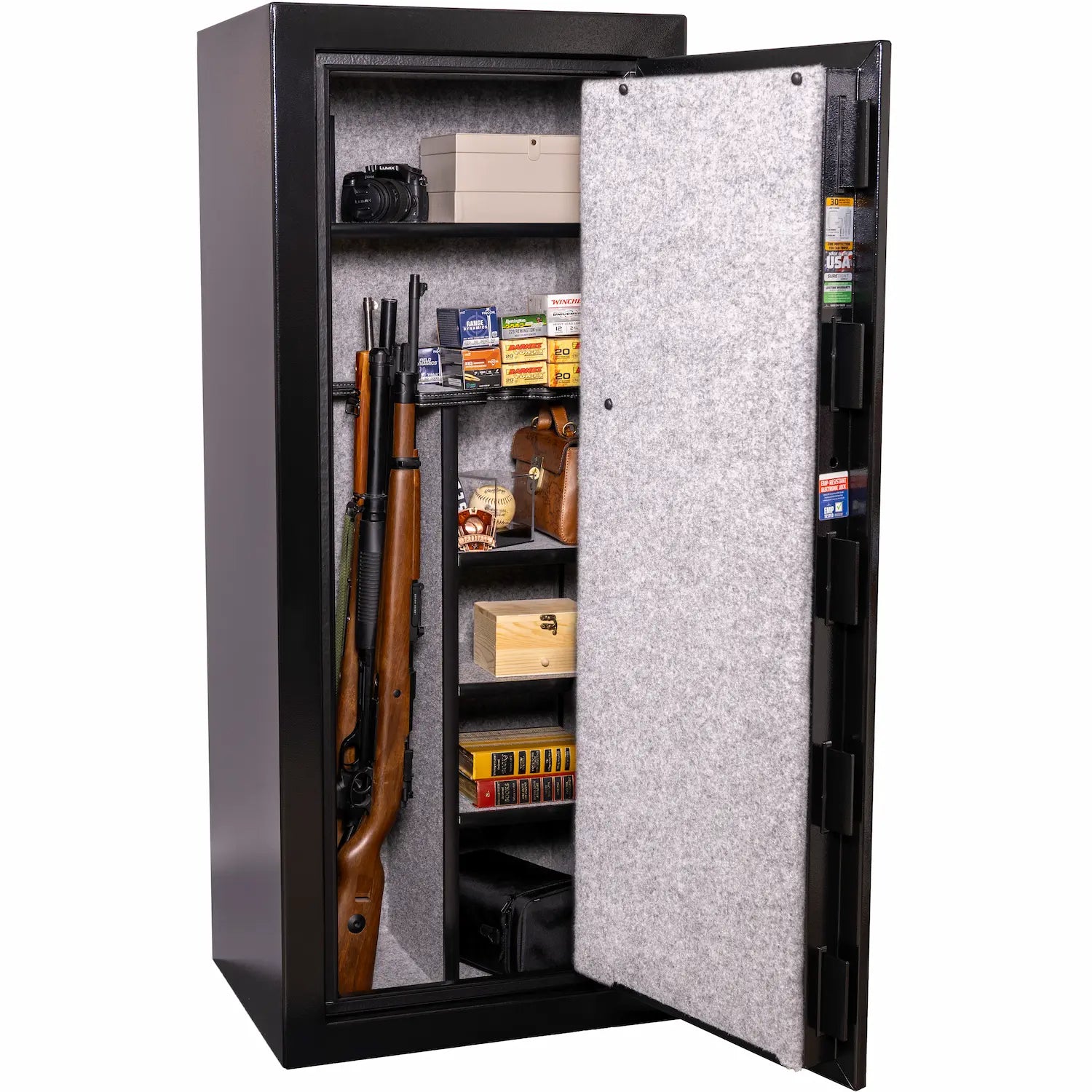 Liberty Safe Centurion 18-gun safe Dual Flex™ interior with long gun storage, adjustable shelves, shown loaded