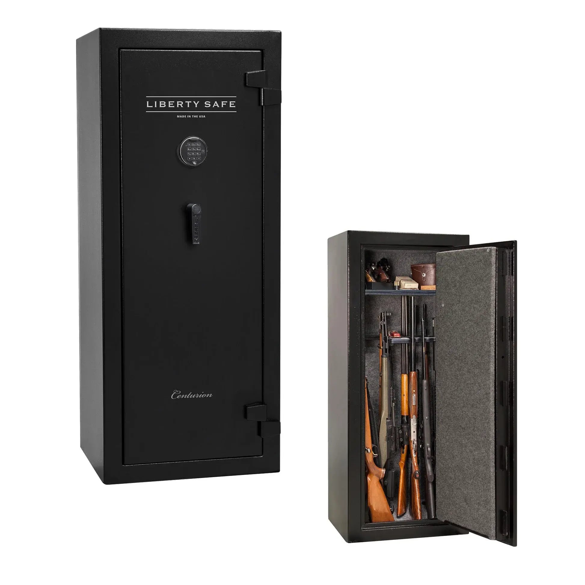 Liberty Safe Centurion 18 gun safe in textured black with electronic lock shown closed alongside interior view, without door panel