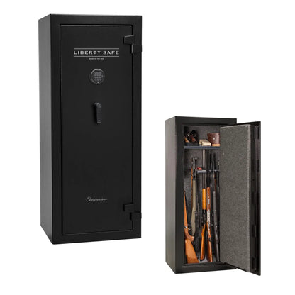 Liberty Safe Centurion 18 gun safe in textured black with electronic lock shown closed alongside interior view, without door panel