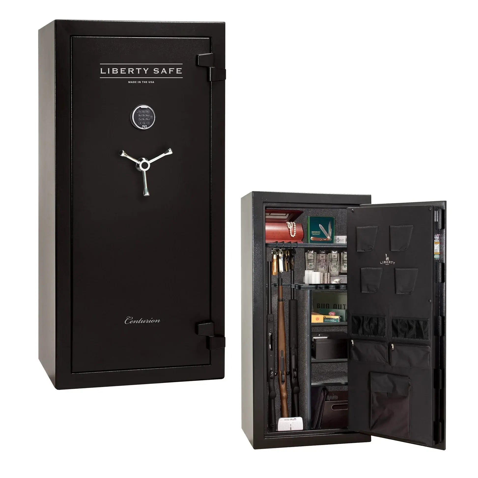 Liberty Safe Centurion 24 gun safe in textured black with electronic lock, 3-spoke handle, and loaded interior with door panel organizer