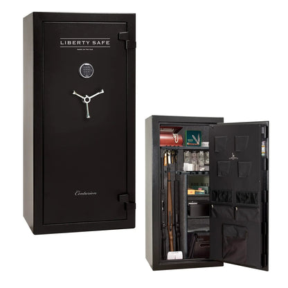 Liberty Safe Centurion 24 gun safe in textured black with electronic lock, 3-spoke handle, and loaded interior with door panel organizer