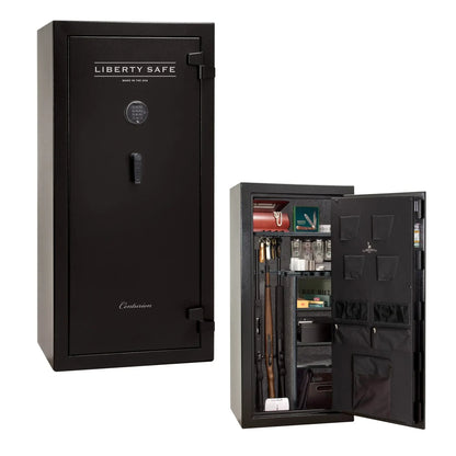 Liberty Safe Centurion 24 gun safe in textured black with electronic lock, drop handle, and loaded interior with door panel organizer