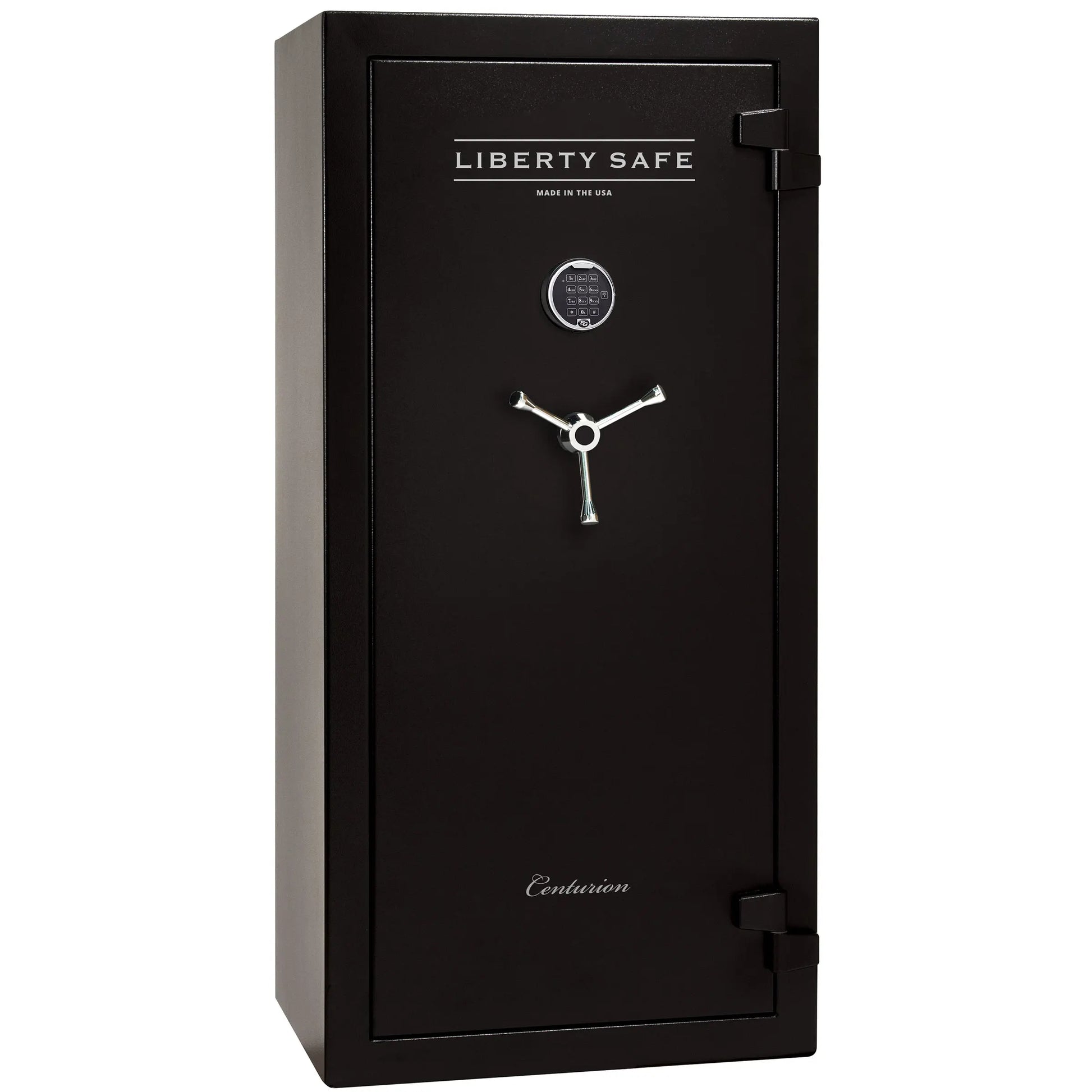 Liberty Safe Centurion 24 gun safe in textured black with electronic lock, 3-spoke handle, and door panel organizer