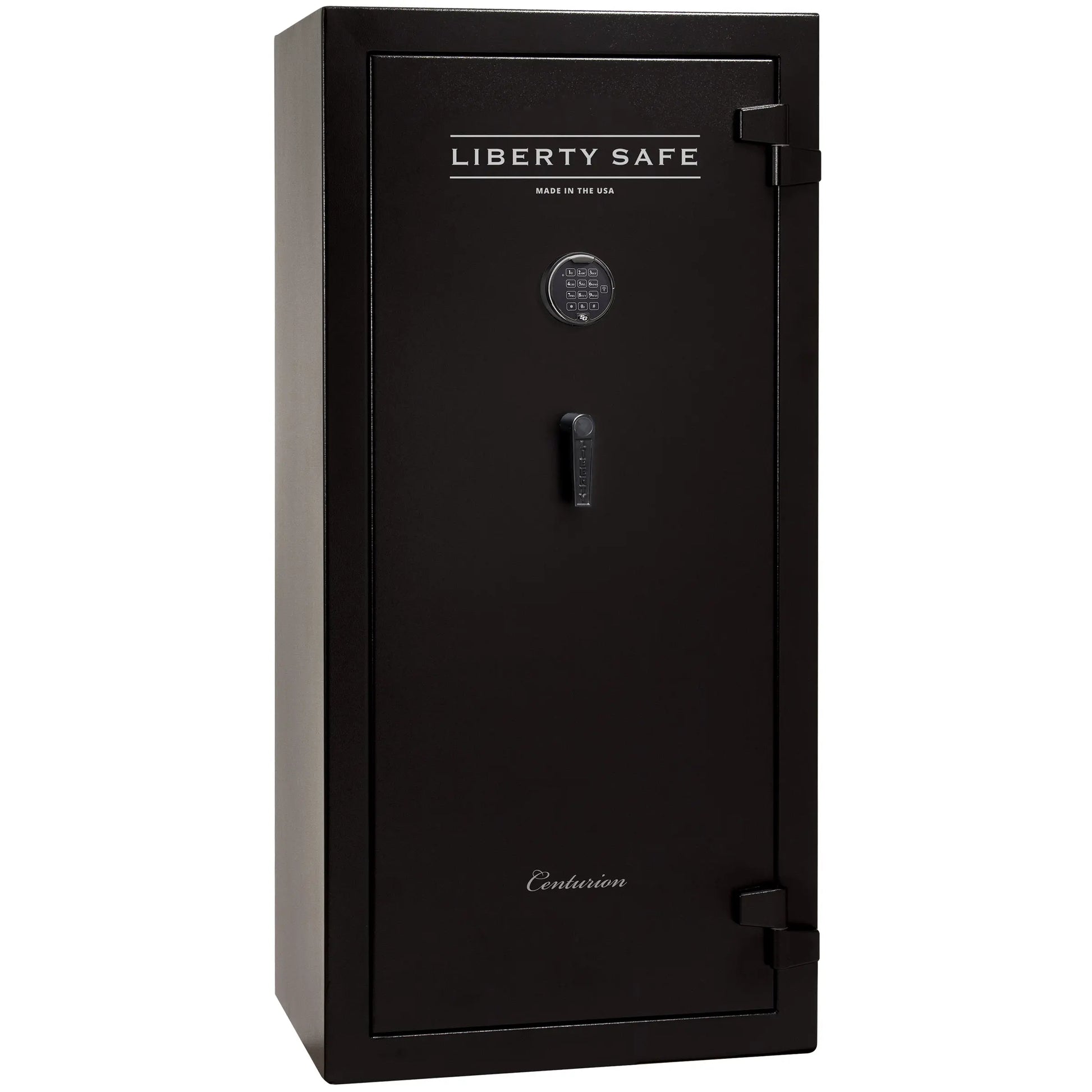 Liberty Safe Centurion 24 gun safe in textured black exterior with electronic lock and drop handle