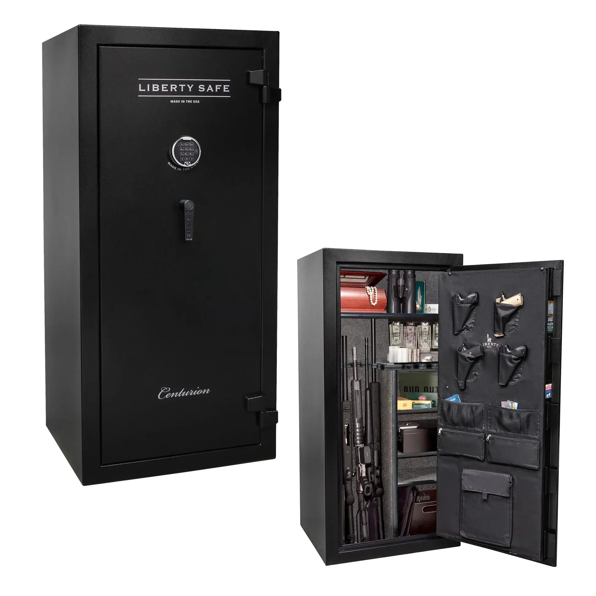 Liberty Safe Centurion 32 gun safe in textured black with electronic lock, drop handle, and loaded interior with door panel organizer