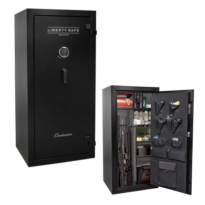 Liberty Safe Centurion 32 gun safe in textured black with electronic lock, drop handle, and loaded interior with door panel organizer