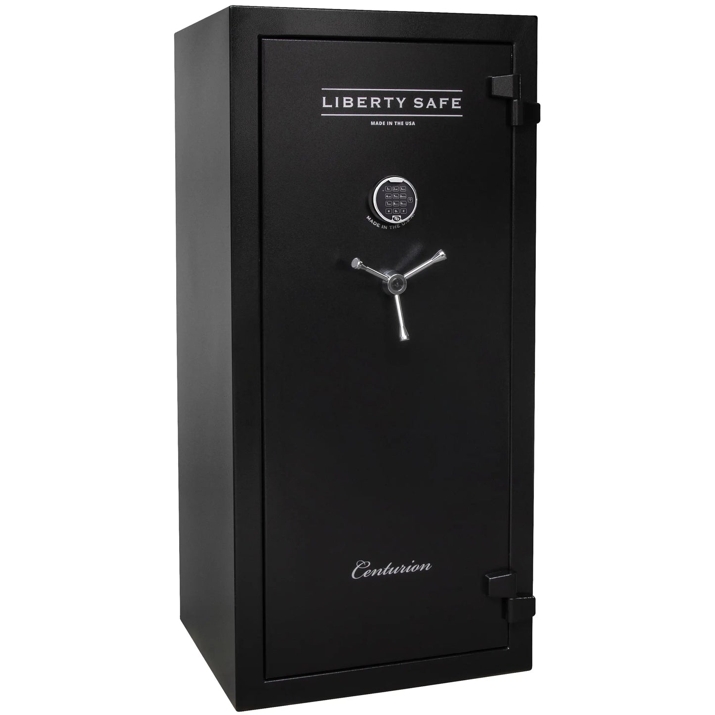 Liberty Safe Centurion 32 gun safe in textured black with electronic lock, 3-spoke handle, and loaded interior with door panel organizer