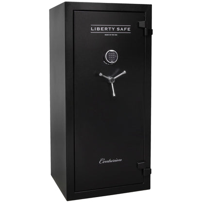 Liberty Safe Centurion 32 gun safe in textured black with electronic lock, 3-spoke handle, and loaded interior with door panel organizer