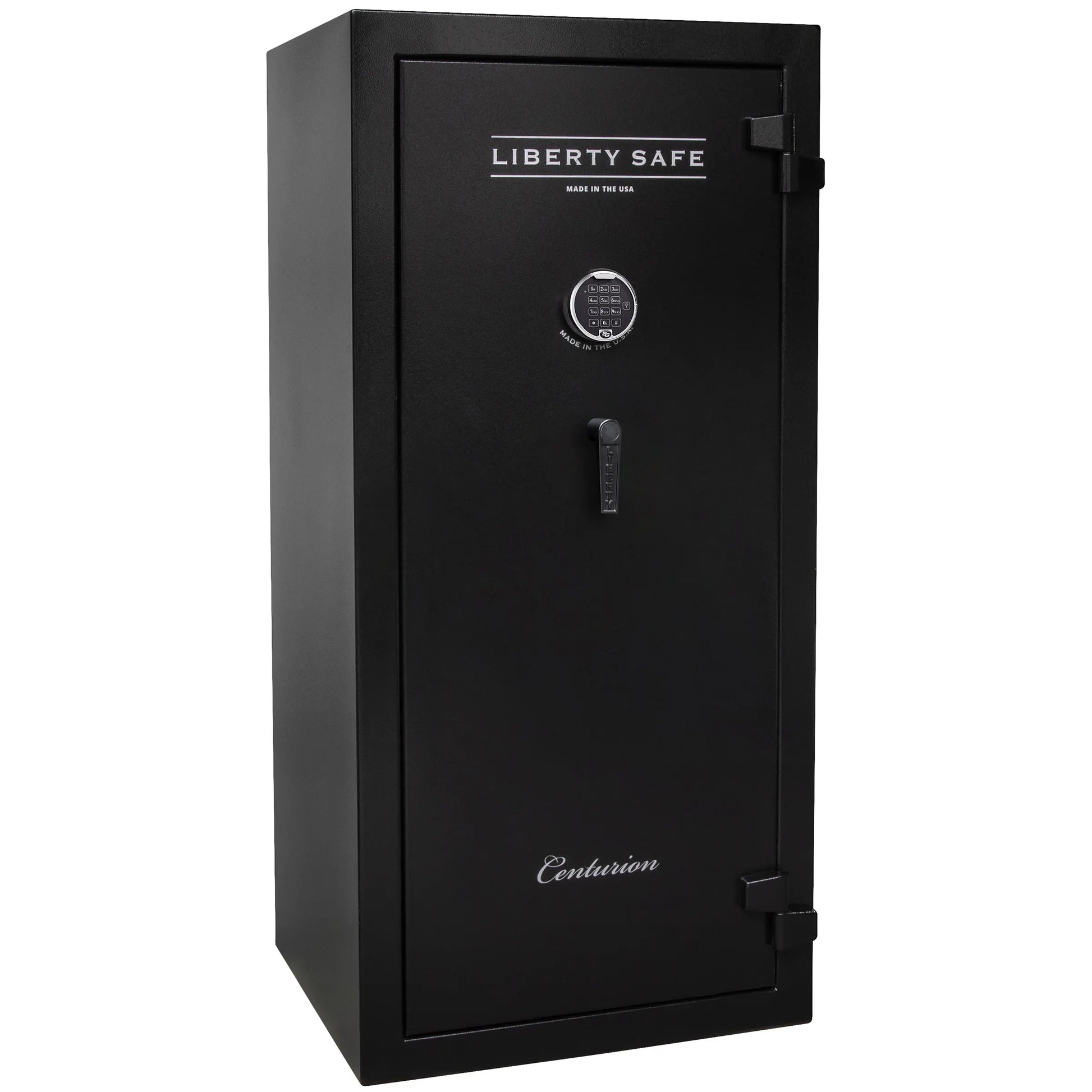 Liberty Safe Centurion 32 gun safe in textured black with electronic lock, drop handle, and door panel organizer