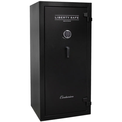 Liberty Safe Centurion 32 gun safe in textured black with electronic lock, drop handle, and door panel organizer