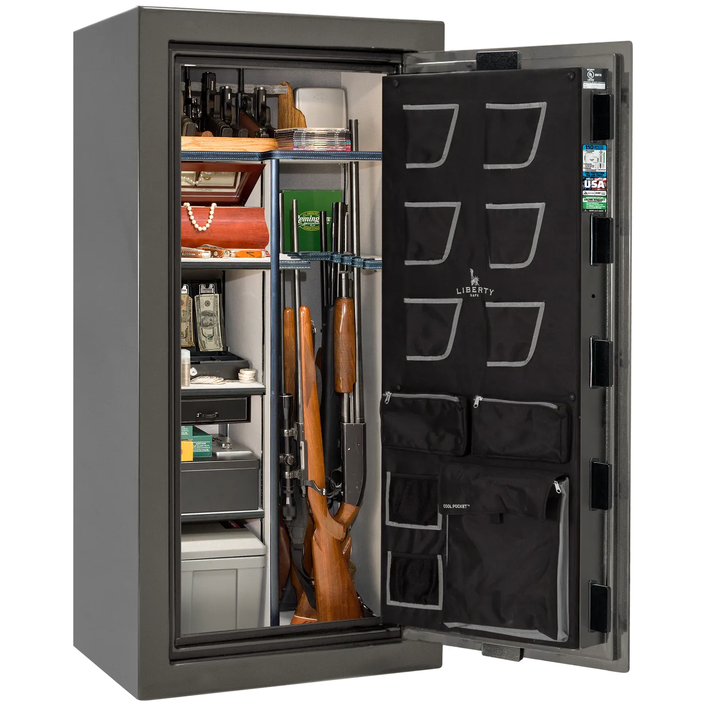 Liberty Classic Plus 25 safe interior with 4-in-1 Flex™ adjustable shelving, long gun storage, and deluxe door organizer.