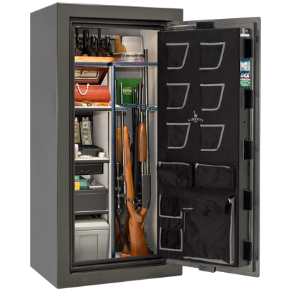 Liberty Classic Plus 25 safe interior with 4-in-1 Flex™ adjustable shelving, long gun storage, and deluxe door organizer.