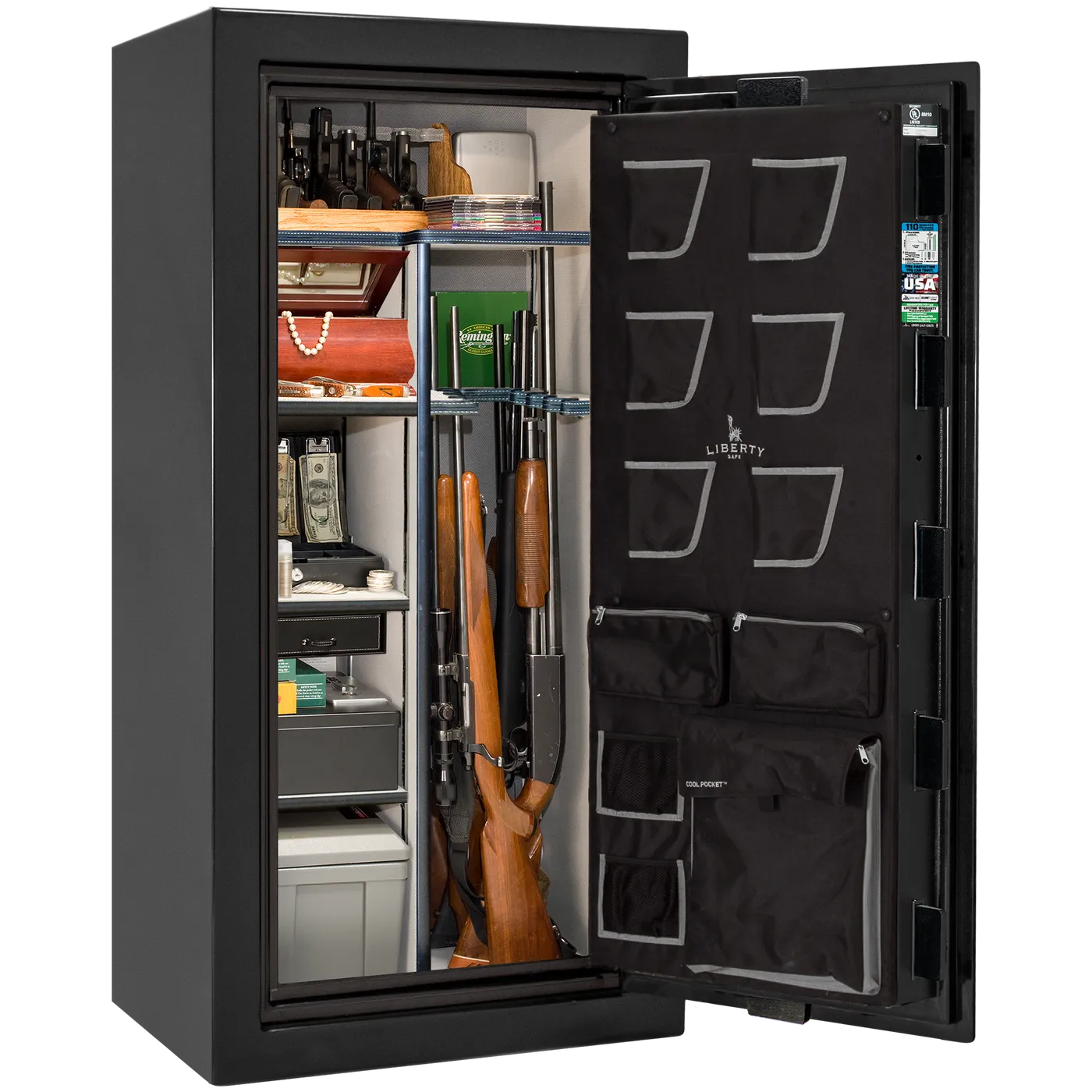 Liberty Classic Plus 25 safe interior with 4-in-1 Flex™ adjustable shelving, long gun storage, and deluxe door organizer.