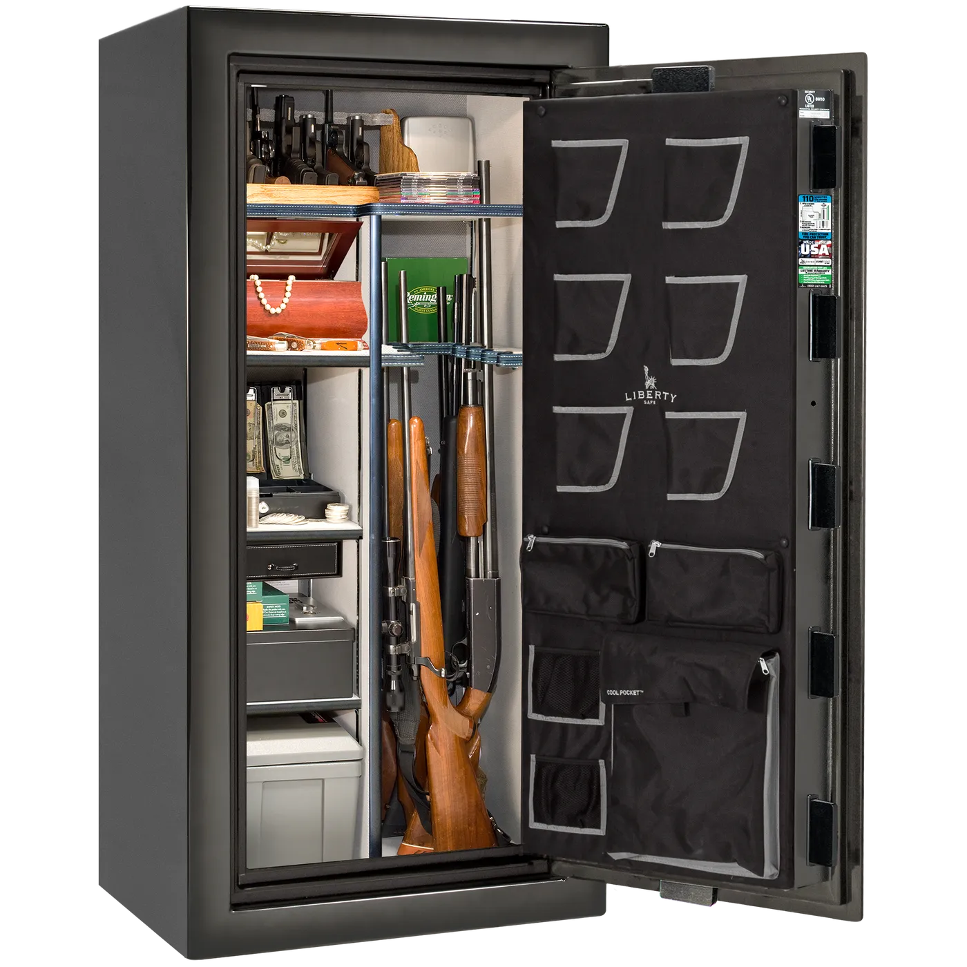 Liberty Classic Plus 25 safe interior with 4-in-1 Flex™ adjustable shelving, long gun storage, and deluxe door organizer.