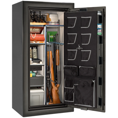Liberty Classic Plus 25 safe interior with 4-in-1 Flex™ adjustable shelving, long gun storage, and deluxe door organizer.