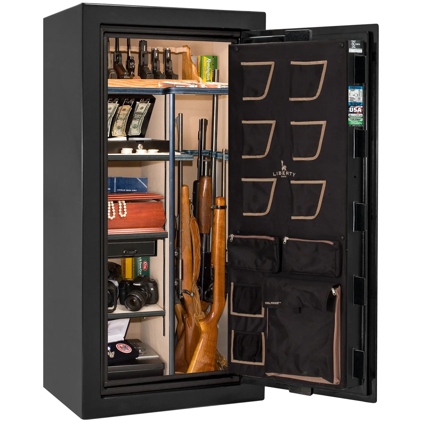 Liberty Classic Plus 25 safe interior with 4-in-1 Flex™ adjustable shelving, long gun storage, and deluxe door organizer.