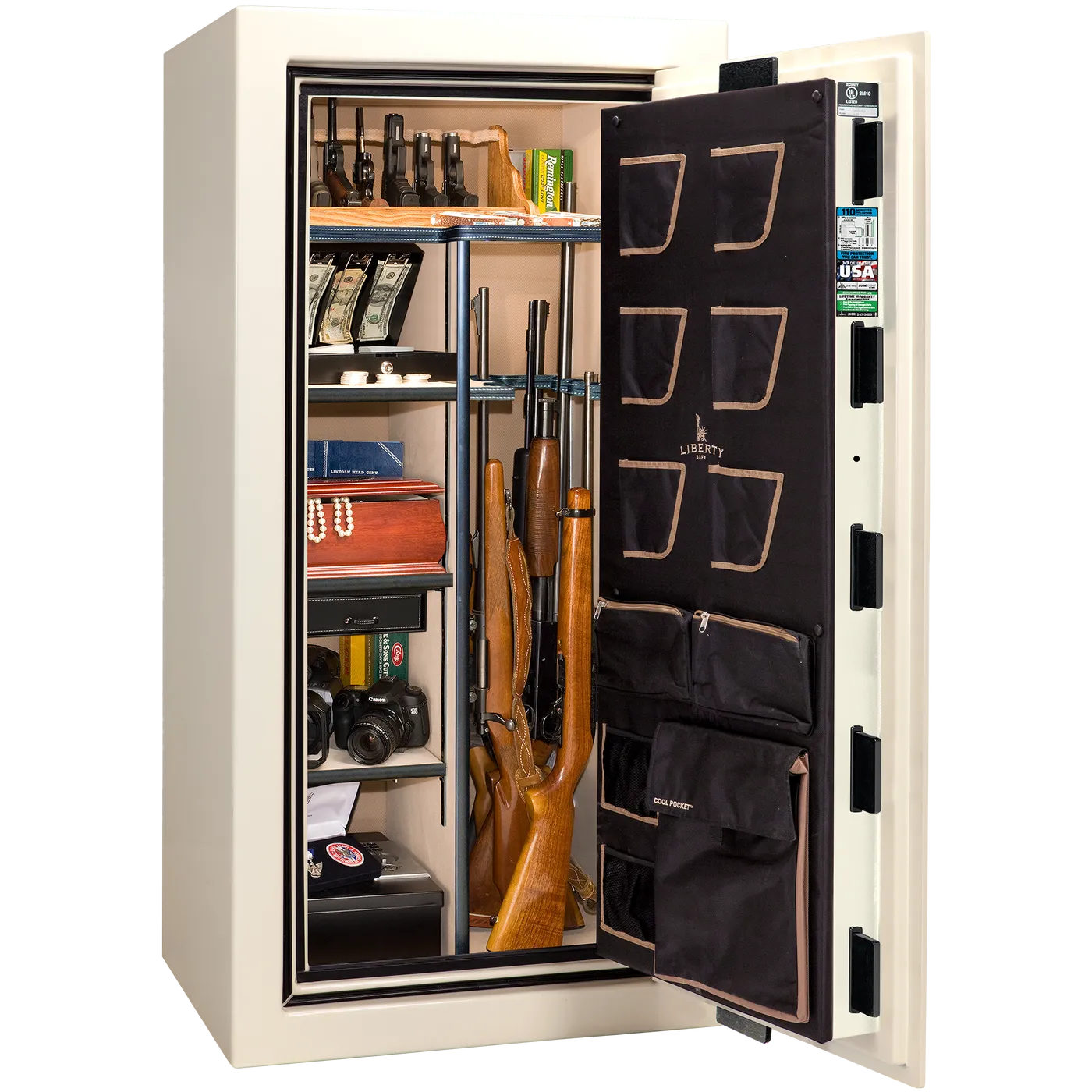 Liberty Classic Plus 25 safe interior with 4-in-1 Flex™ adjustable shelving, long gun storage, and deluxe door organizer.