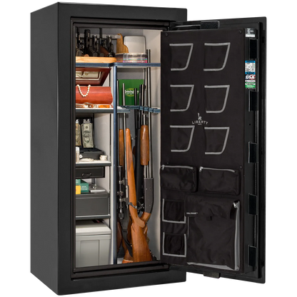Liberty Classic Plus 25 safe interior with 4-in-1 Flex™ adjustable shelving, long gun storage, and deluxe door organizer.