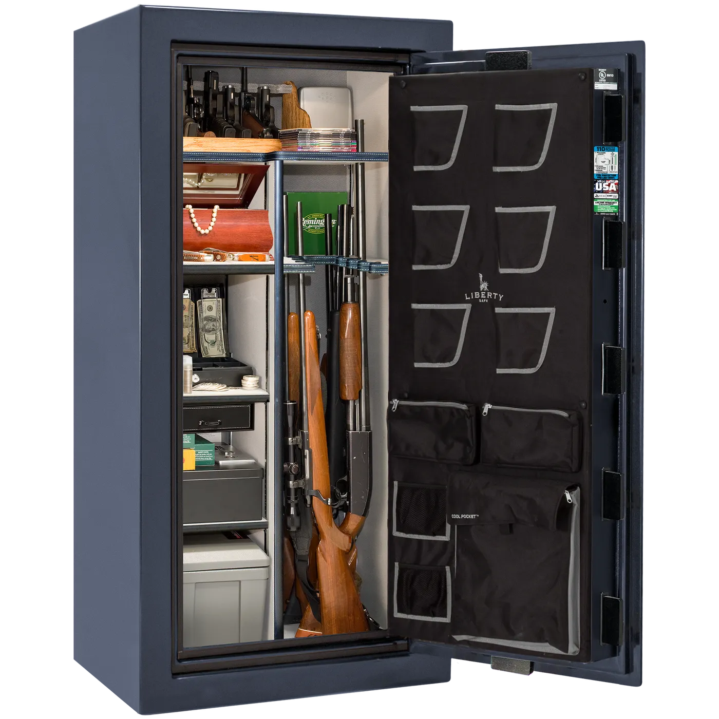 Liberty Classic Plus 25 safe interior with 4-in-1 Flex™ adjustable shelving, long gun storage, and deluxe door organizer.