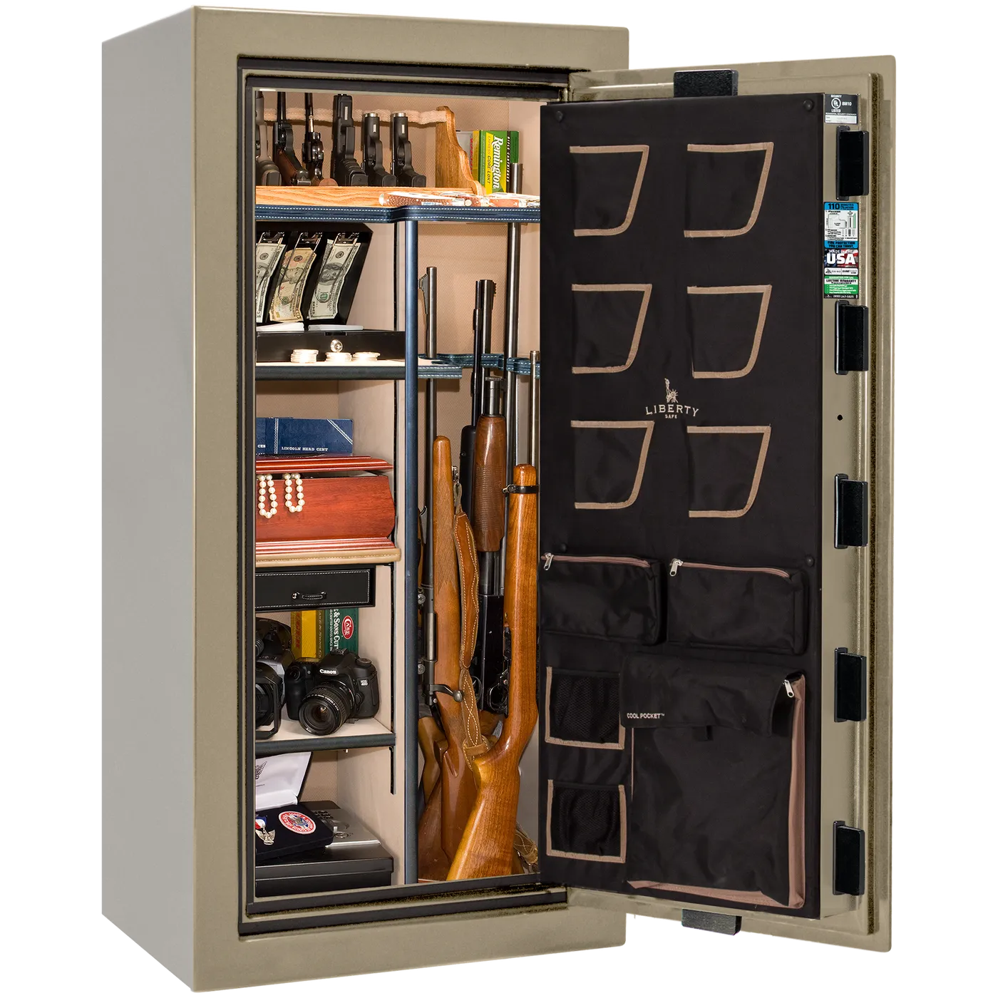 Liberty Classic Plus 25 safe interior with 4-in-1 Flex™ adjustable shelving, long gun storage, and deluxe door organizer.