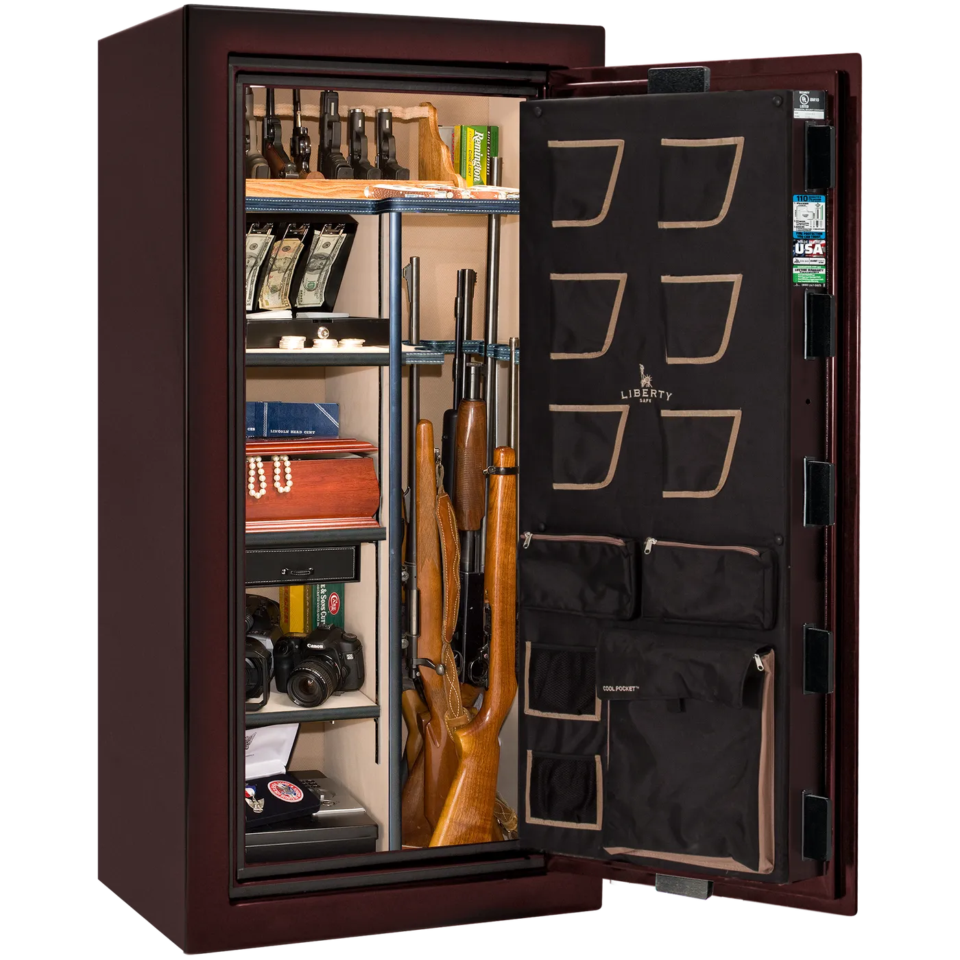 Liberty Classic Plus 25 safe interior with 4-in-1 Flex™ adjustable shelving, long gun storage, and deluxe door organizer.