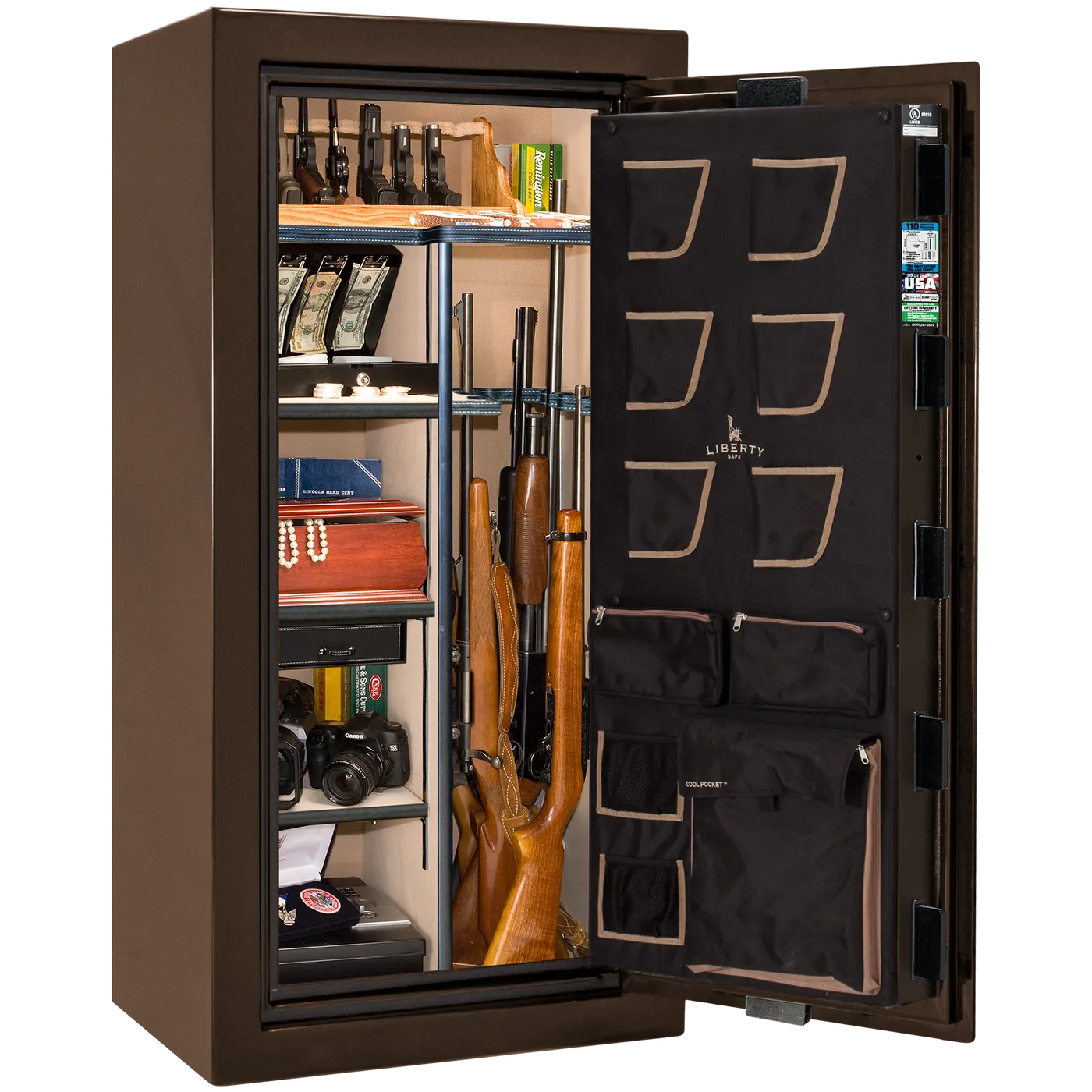 Liberty Classic Plus 25 safe interior with 4-in-1 Flex™ adjustable shelving, long gun storage, and deluxe door organizer.