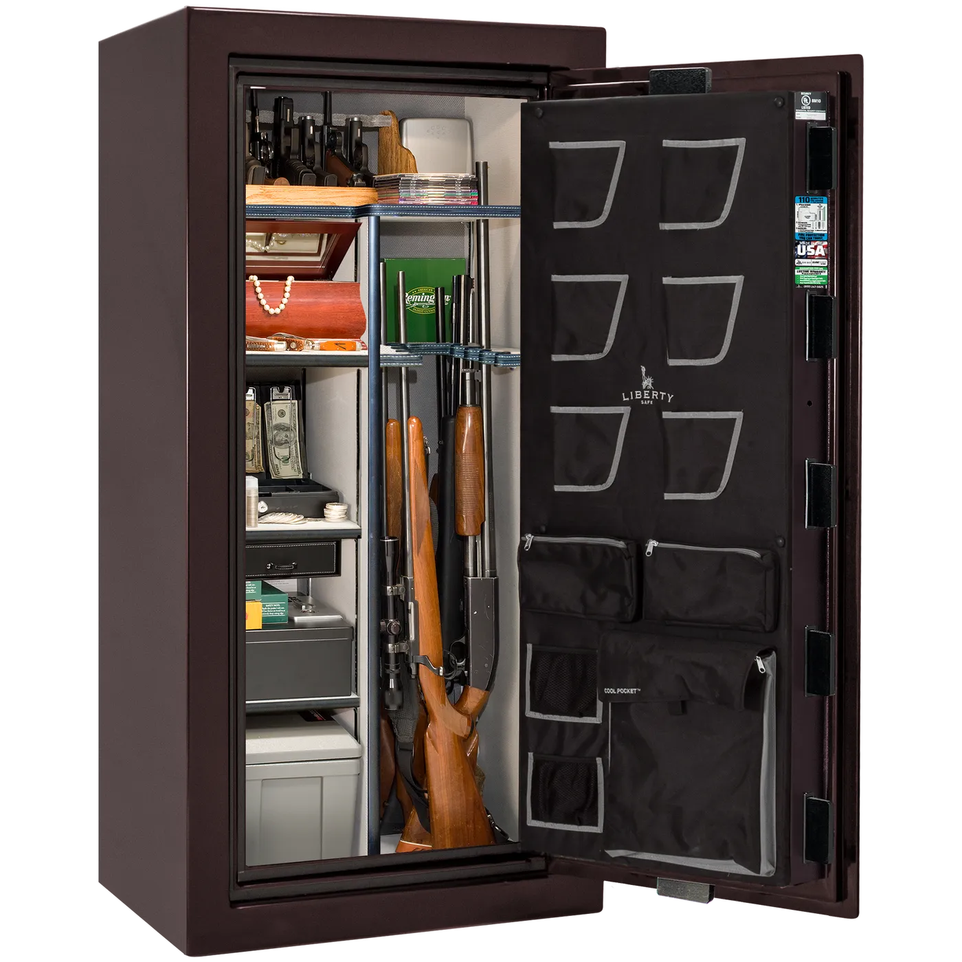 Liberty Classic Plus 25 safe interior with 4-in-1 Flex™ adjustable shelving, long gun storage, and deluxe door organizer.