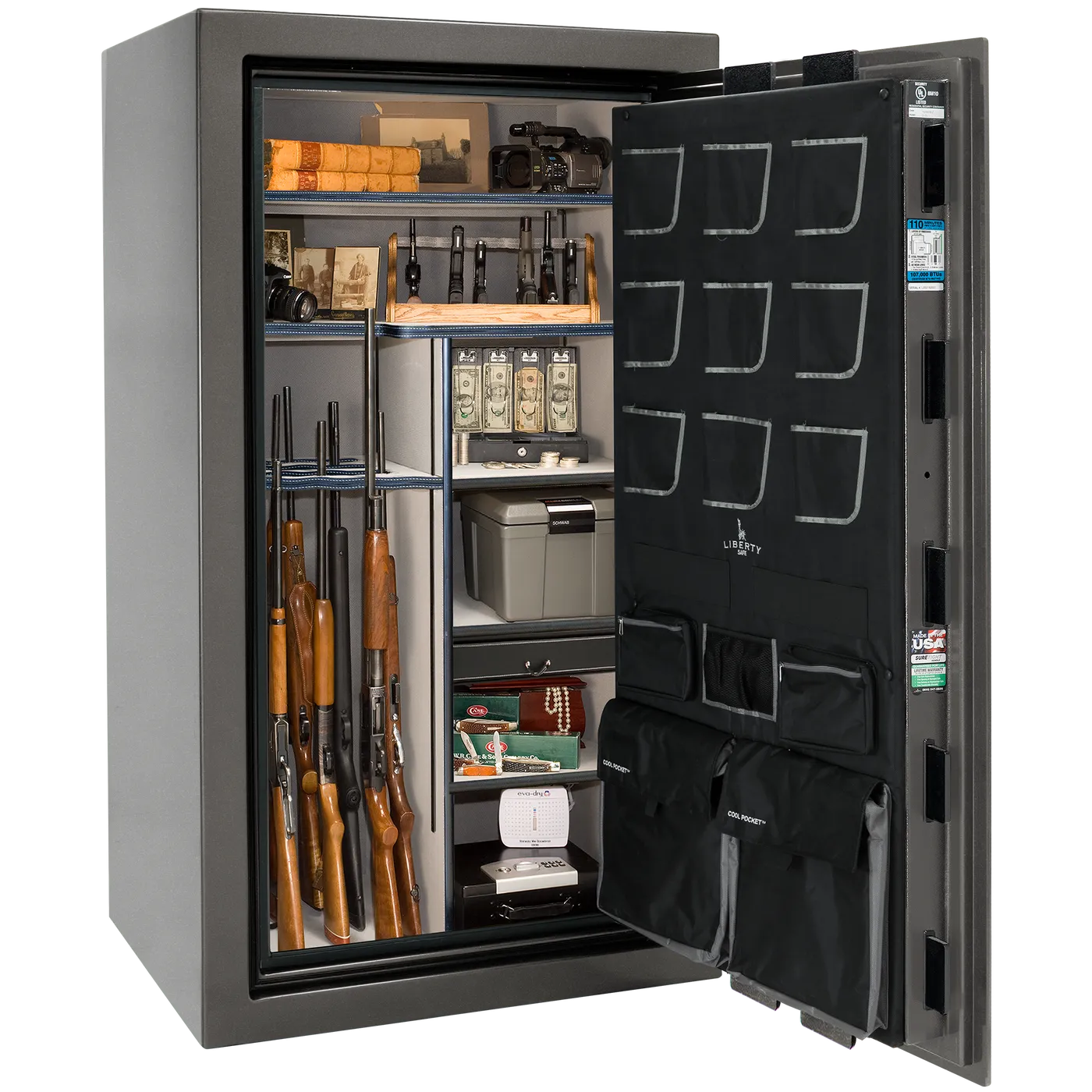 Liberty Classic Plus 40 safe interior with 4-in-1 Flex™ adjustable shelving, long gun storage, and deluxe door organizer.