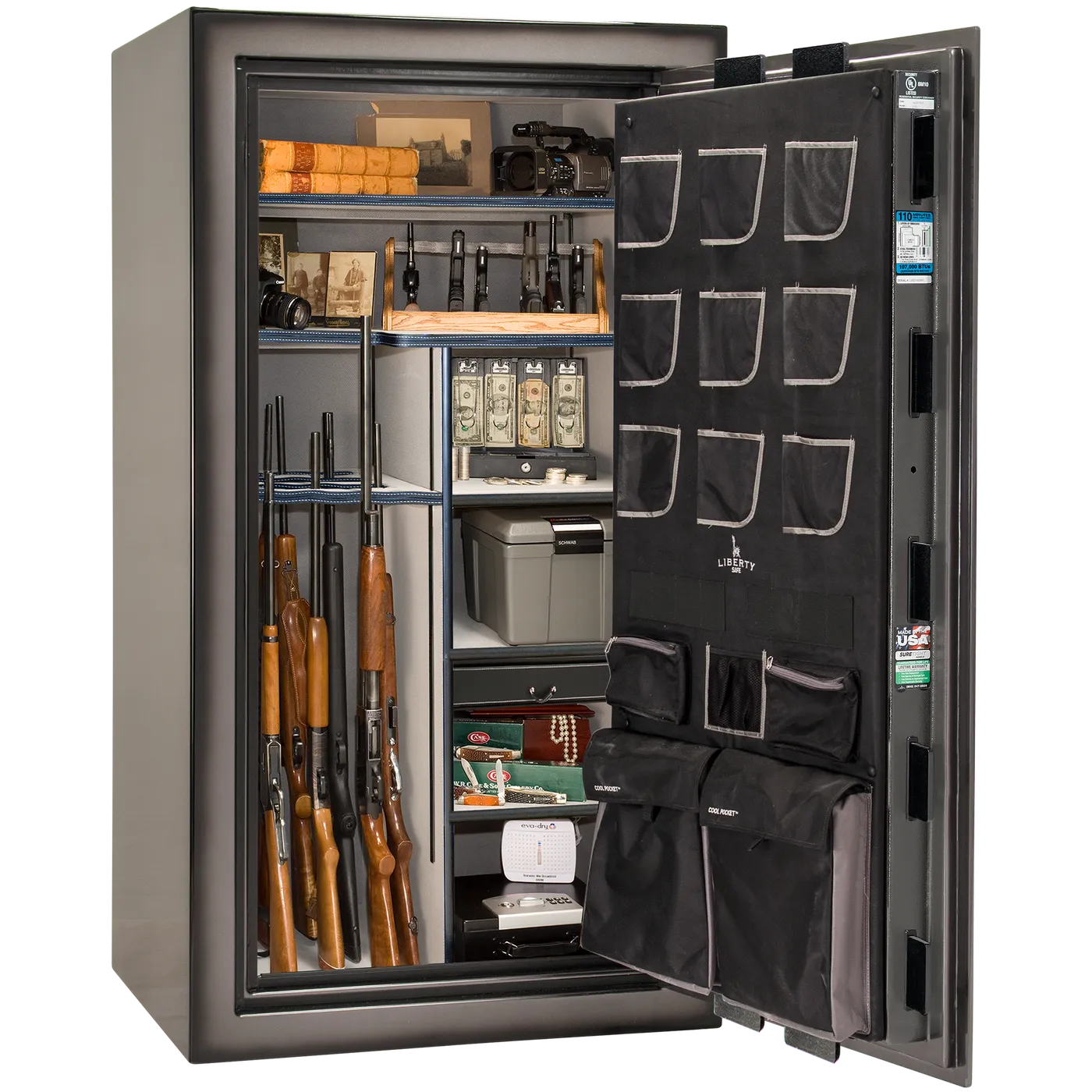 Liberty Classic Plus 40 safe interior with 4-in-1 Flex™ adjustable shelving, long gun storage, and deluxe door organizer.