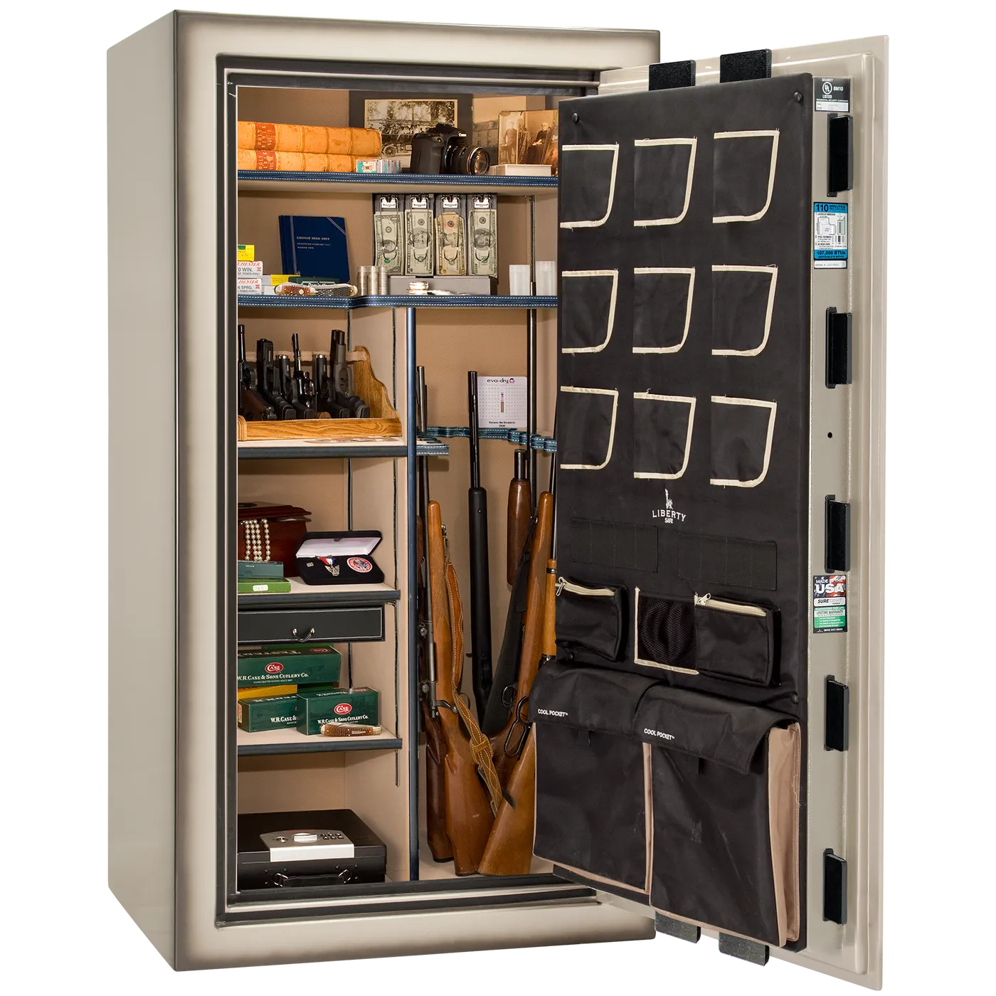 Liberty Classic Plus 40 safe interior with 4-in-1 Flex™ adjustable shelving, long gun storage, and deluxe door organizer.