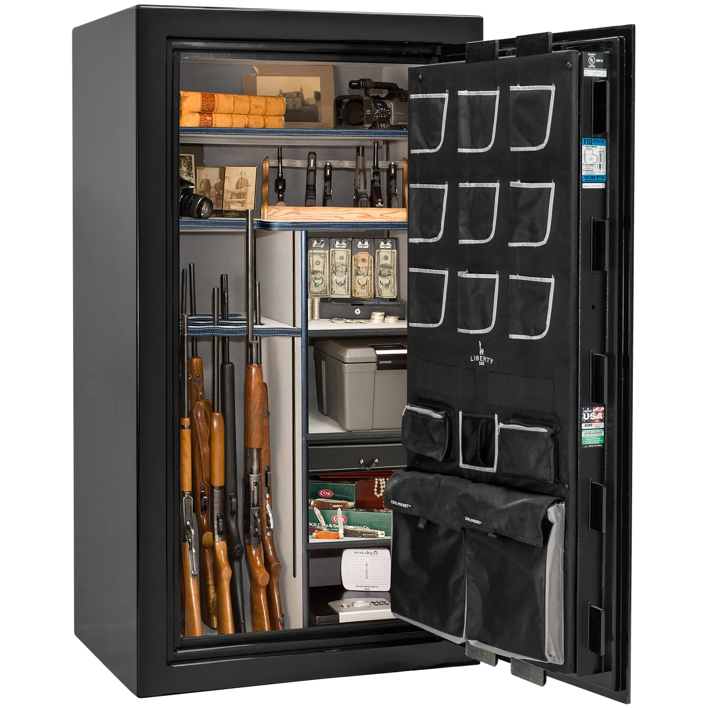 Liberty Classic Plus 40 safe interior with 4-in-1 Flex™ adjustable shelving, long gun storage, and deluxe door organizer.