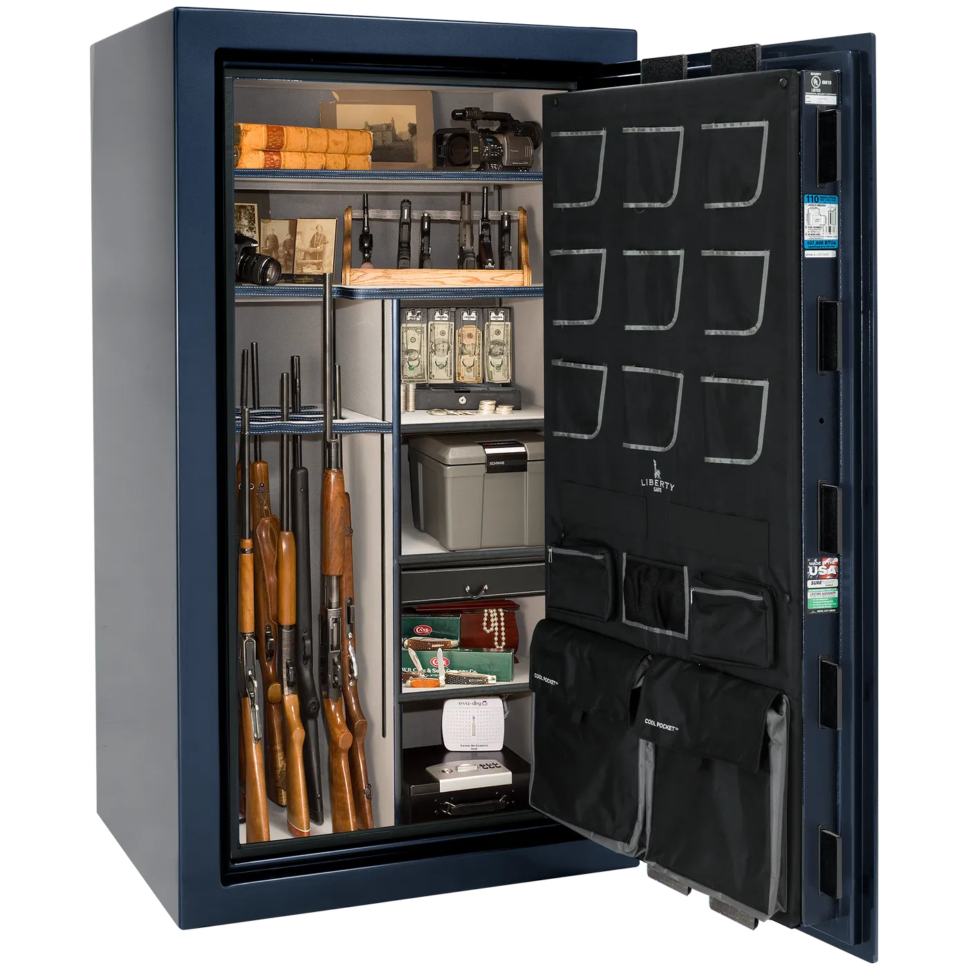 Liberty Classic Plus 40 safe interior with 4-in-1 Flex™ adjustable shelving, long gun storage, and deluxe door organizer.