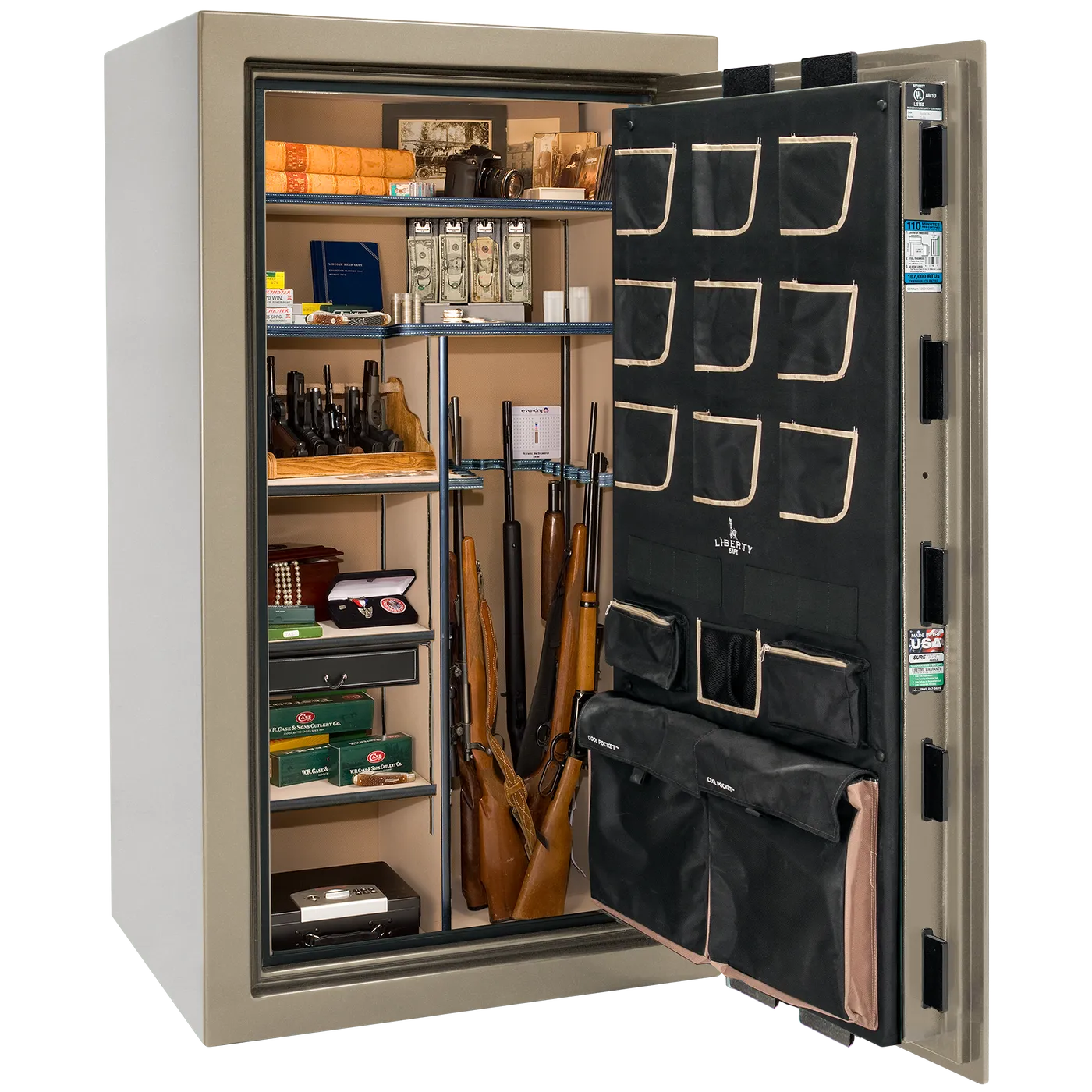 Liberty Classic Plus 40 safe interior with 4-in-1 Flex™ adjustable shelving, long gun storage, and deluxe door organizer.