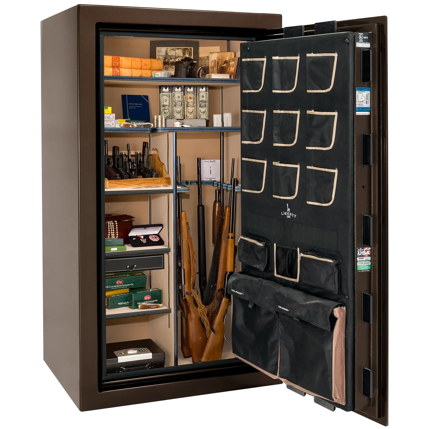 Liberty Classic Plus 40 safe interior with 4-in-1 Flex™ adjustable shelving, long gun storage, and deluxe door organizer.