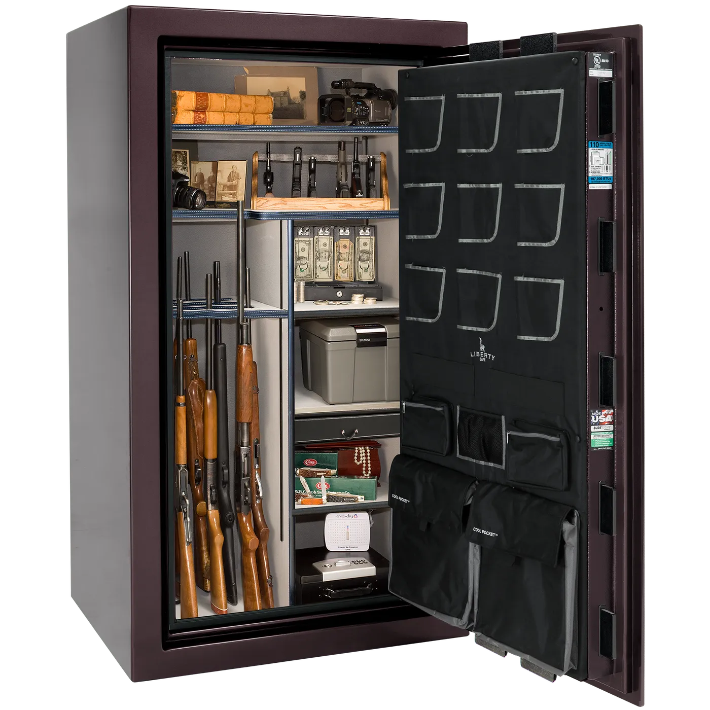 Liberty Classic Plus 40 safe interior with 4-in-1 Flex™ adjustable shelving, long gun storage, and deluxe door organizer.