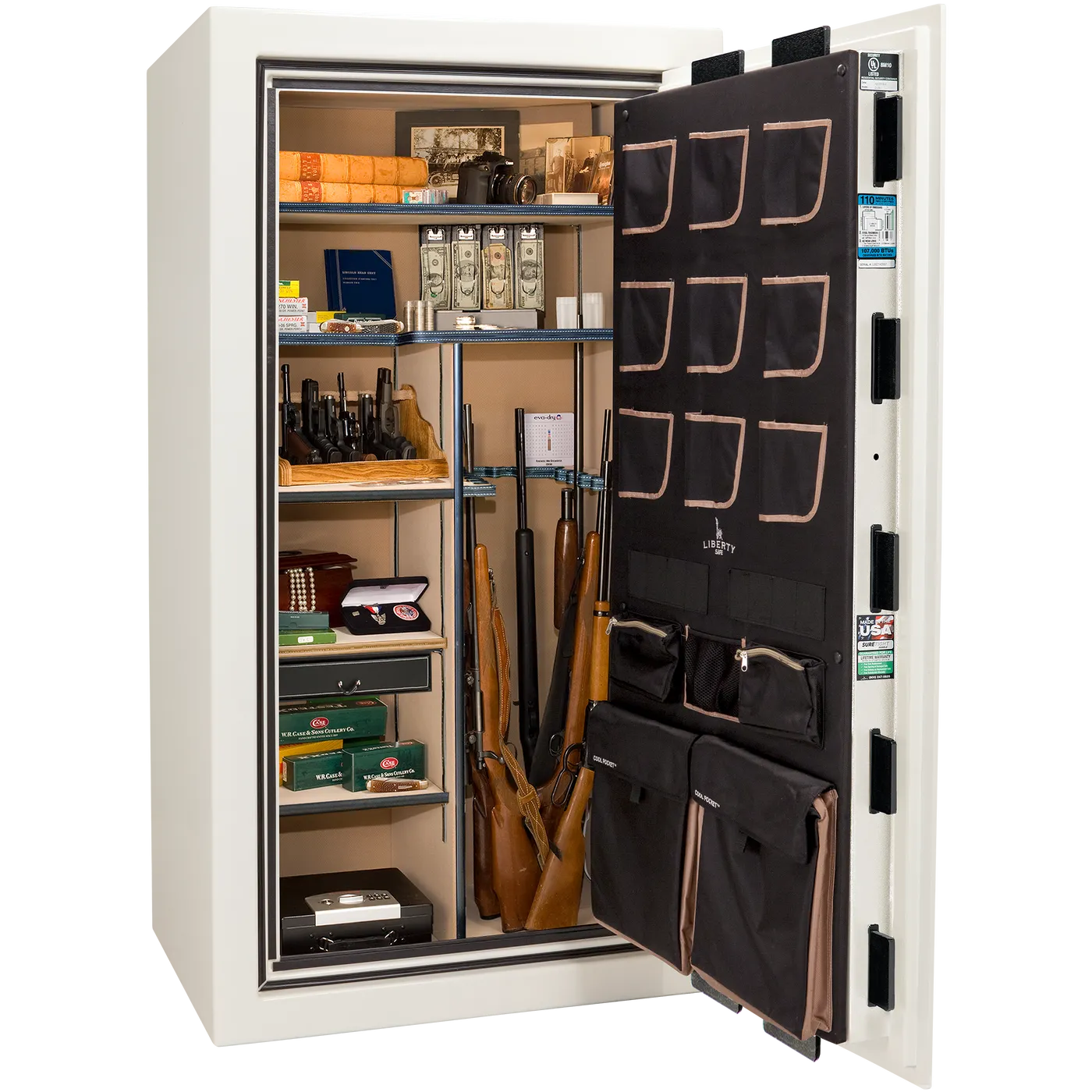Liberty Classic Plus 40 safe interior with 4-in-1 Flex™ adjustable shelving, long gun storage, and deluxe door organizer.