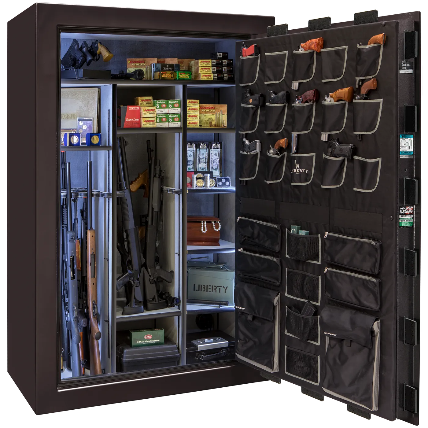 Liberty Classic Select safe interior with fully upholstered 6-in-1 Flex™ adjustable interior, premium door storage panel, adjustable shelving, and long gun storage