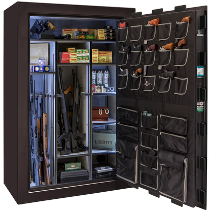 Liberty Classic Select safe interior with fully upholstered 6-in-1 Flex™ adjustable interior, premium door storage panel, adjustable shelving, and long gun storage