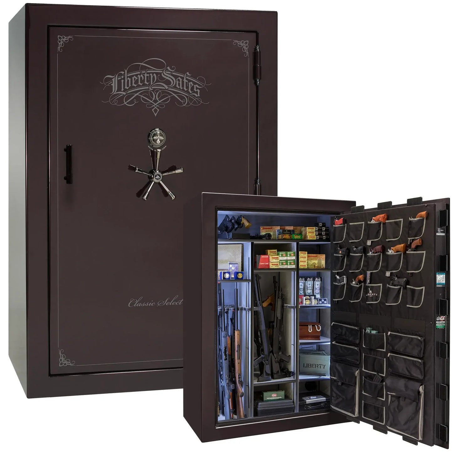 Liberty Classic Select Safe in Black Cherry Gloss with Black Chrome hardware and mechanical dial lock