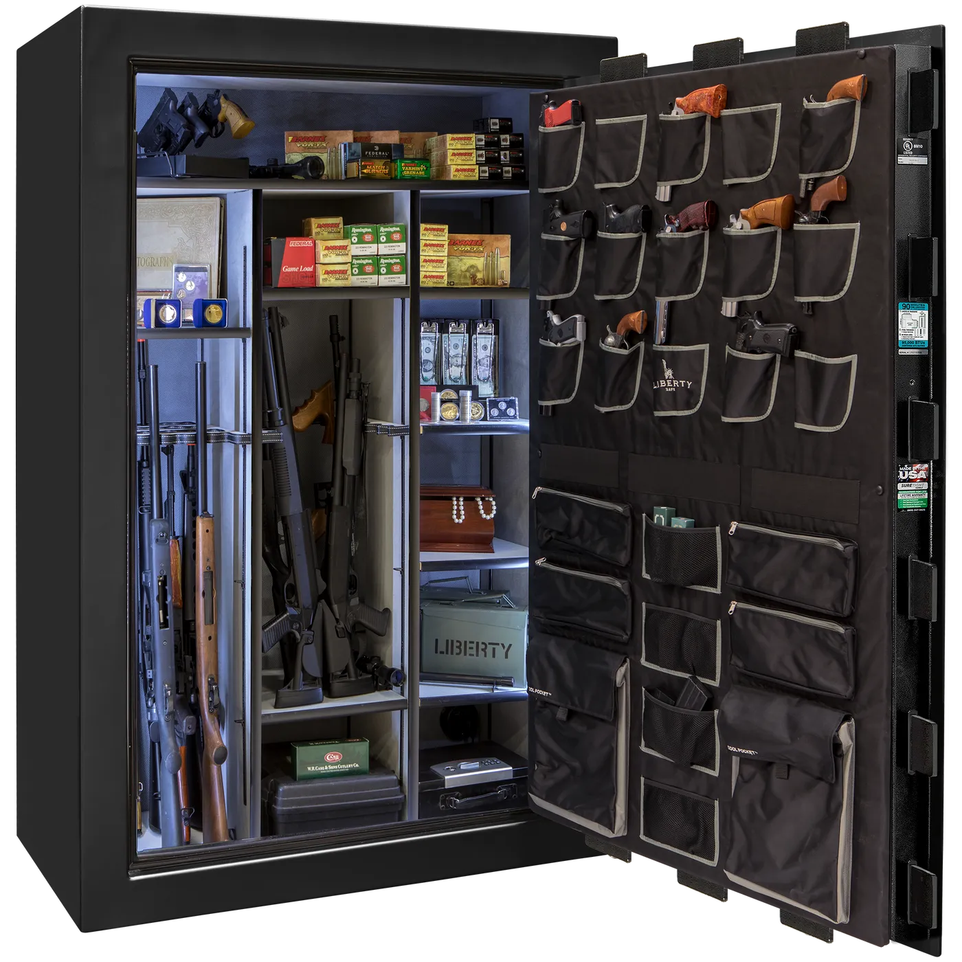 Liberty Classic Select safe interior with fully upholstered 6-in-1 Flex™ adjustable interior, premium door storage panel, adjustable shelving, and long gun storage
