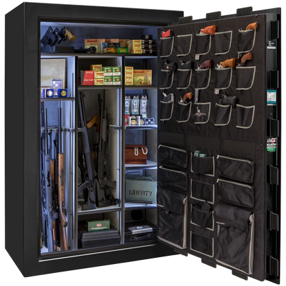 Liberty Classic Select safe interior with fully upholstered 6-in-1 Flex™ adjustable interior, premium door storage panel, adjustable shelving, and long gun storage
