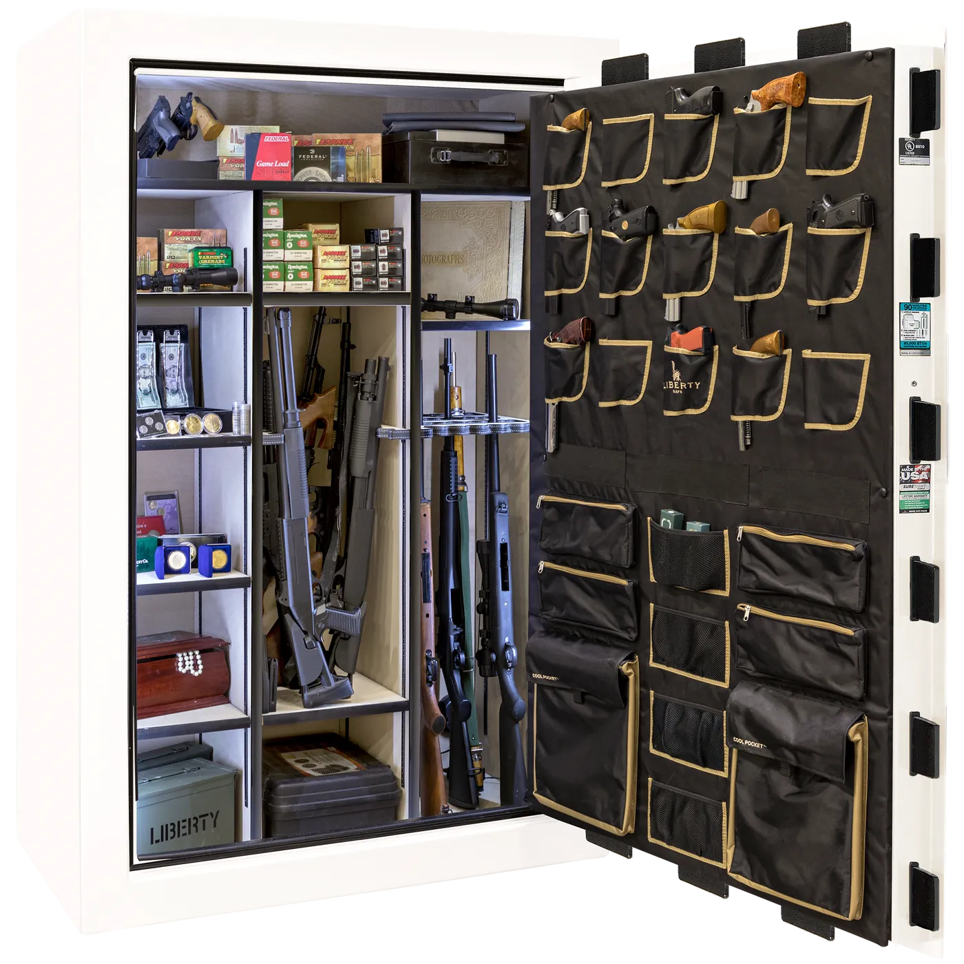 Liberty Classic Select safe interior with fully upholstered 6-in-1 Flex™ adjustable interior, premium door storage panel, adjustable shelving, and long gun storage